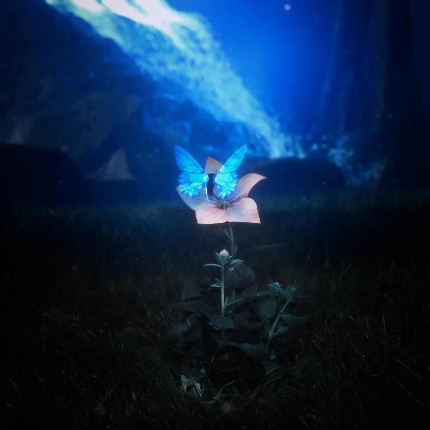 A fictional image of a glowing waterfall in a dark forest with a blue glowing butterfly on a pink flower in front of it.