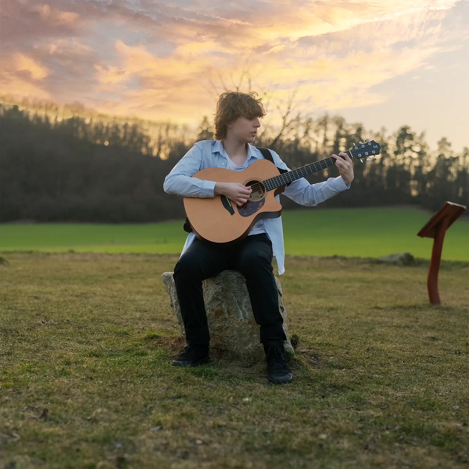 An image of Misha Florian holding a guitar in a field with trees covering the sunset behind him.